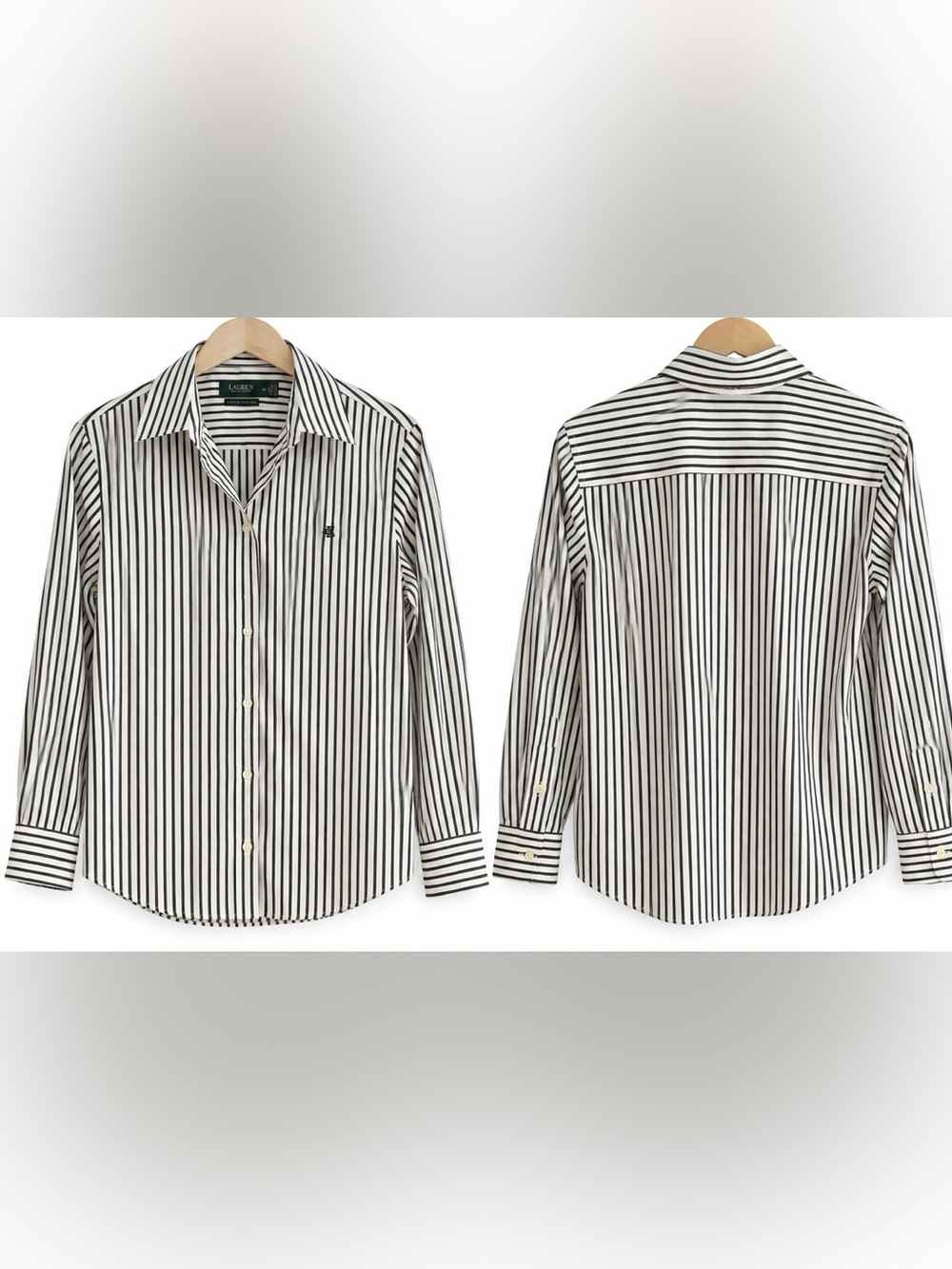 Ralph Lauren Menโs Black and White Vertical Stripe Dress Shirt